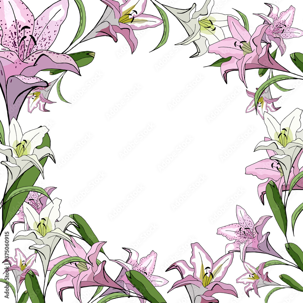 Floral square card with stylized lilies on a white background.