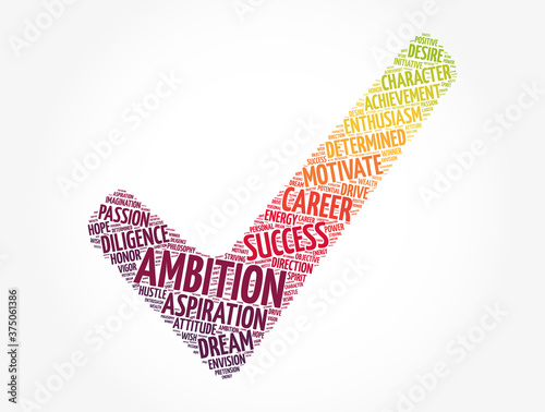 Ambition check mark word cloud collage, concept background