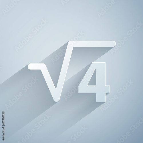 Paper cut Square root of 4 glyph icon isolated on grey background. Mathematical expression. Paper art style. Vector.