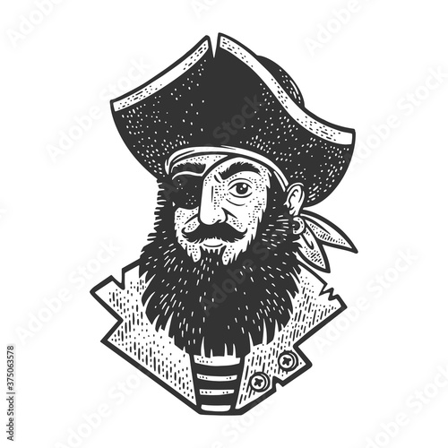 Cartoon pirate sketch engraving vector illustration. T-shirt apparel print design. Scratch board imitation. Black and white hand drawn image.