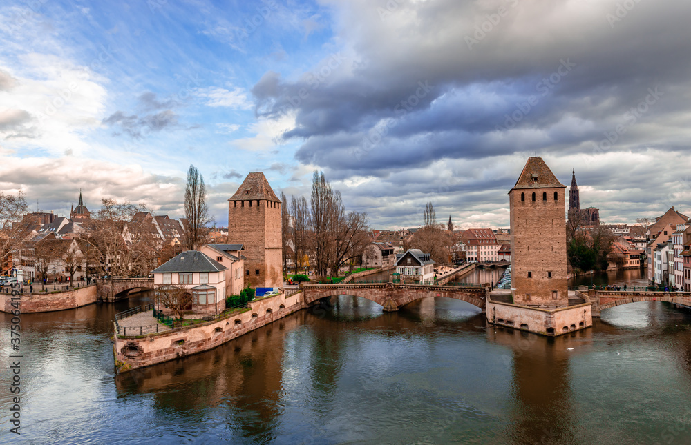 The Ponts Couverts, a set of 3 bridges and 4 towers that make up a defensive work erected in the 13th century on the River Ill in Strasbourg, France.