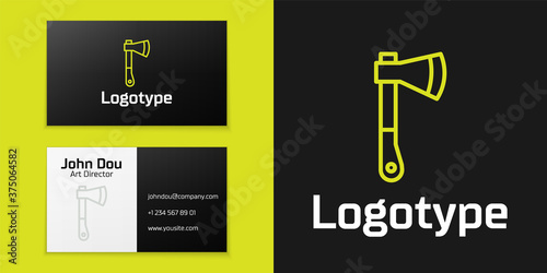 Logotype line Wooden axe icon isolated on black background. Lumberjack axe. Logo design template element. Vector Illustration.