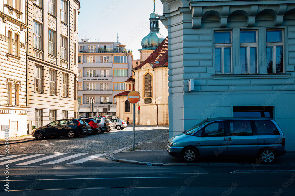 Fototapeta premium Colorful European city street in Prague, Czech Republic