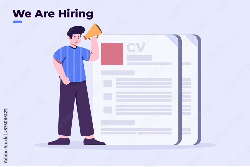 vector flat illustration of business people shouting with megaphone to announce new employee job opening with curriculum vintae application background. can be used for website, presentation, banner. vector flat illustration of business people shouting with megaphone to announce new employee job opening with curriculum vintae application background. can be used for website, presentation, banner.