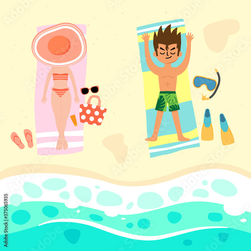 couple relaxing on the beach vector illustration