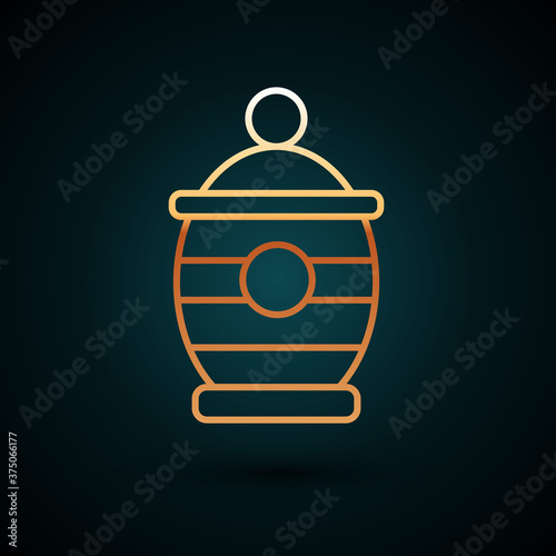 Gold line Funeral urn icon isolated on dark blue background. Cremation and burial containers, columbarium vases, jars and pots with ashes. Vector.