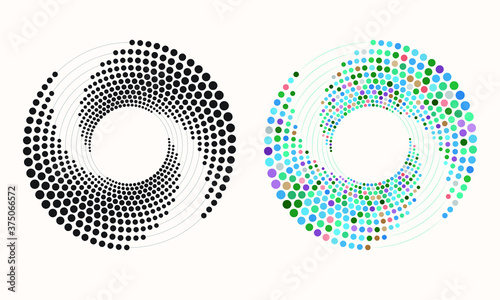 Random dotted, dots, halftone speckles concentric circle. Spiral, swirl, twirl element. Circular and radial lines volute, helix. Segmented circle with rotation.