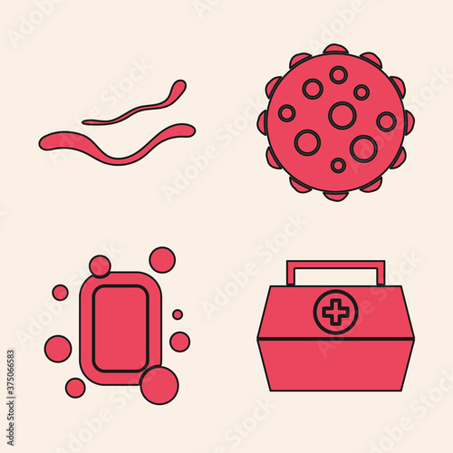 Set First aid kit, Ebola virus disease, Virus and Bar of soap icon. Vector.
