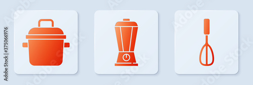 Set Blender, Cooking pot and Kitchen whisk. White square button. Vector.