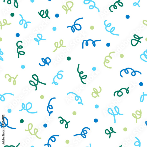 Vector confetti pattern with colorful spirals and circles. Seamless texture for wallpaper, packaging, textile