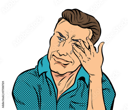 An elderly man wept and wiped away tears. Pop art vector illustration on a white background

