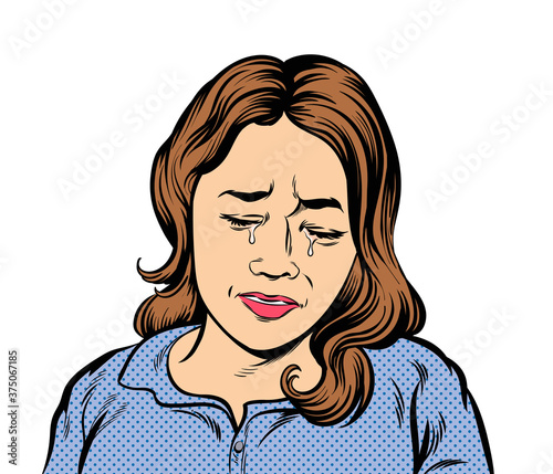 Crying woman with eyes closed. Pop art vector illustration on a white background.