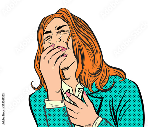 Crying woman with eyes closed. Pop art vector illustration on a white background.