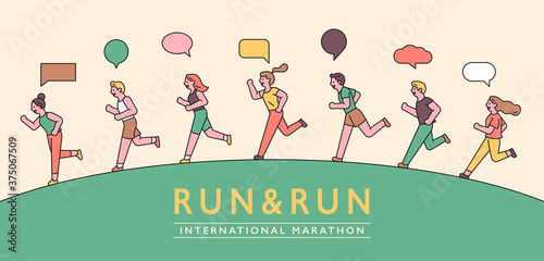 Running people horizontal banner. flat design style minimal vector illustration.