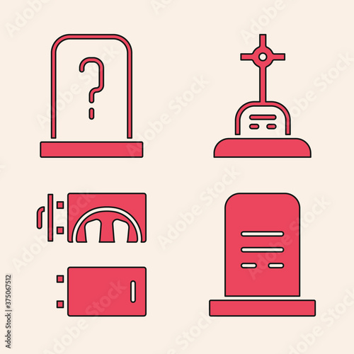 Set Grave with tombstone, Grave with tombstone, Grave with cross and Crematorium icon. Vector.