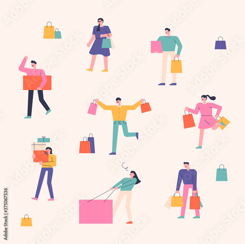 Lots of people carrying shopping bags and having fun. flat design style minimal vector illustration.
