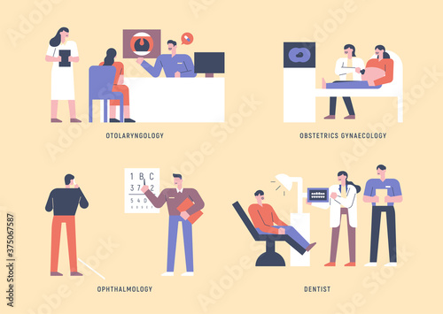 Patients receiving oral, vision, dental and abdominal care. flat design style minimal vector illustration.