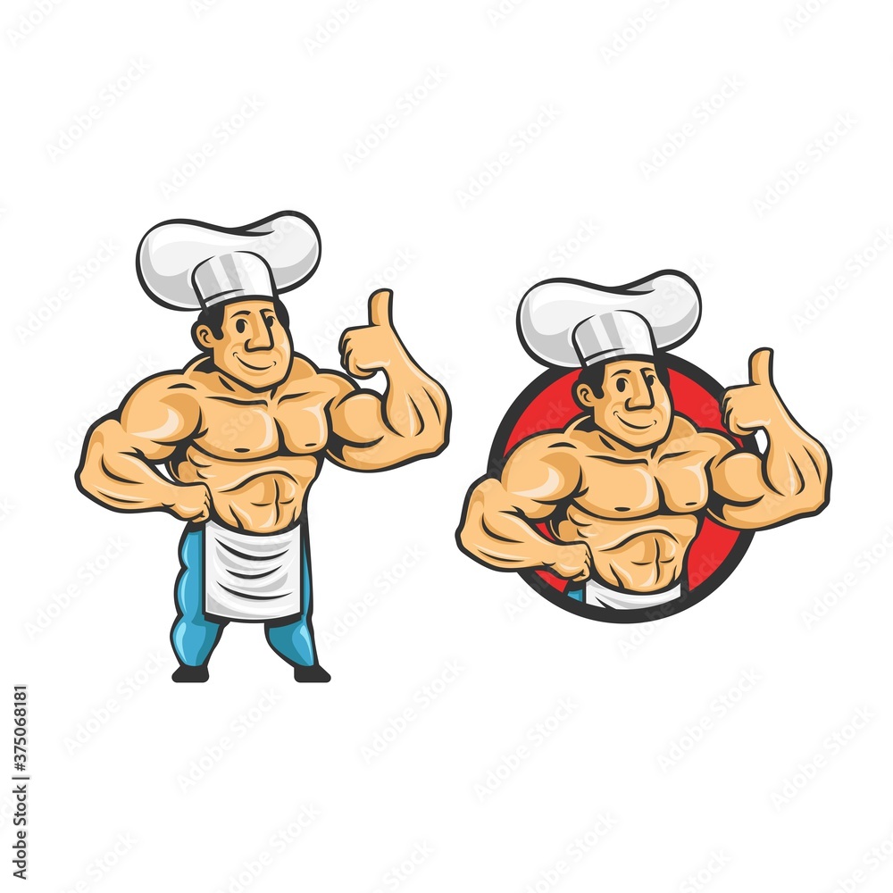 Cartoon retro vintage bodybuilder chef character mascot logo. chef