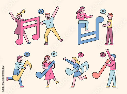 Lots of people enjoying the festival with huge musical notes. flat design style minimal vector illustration.