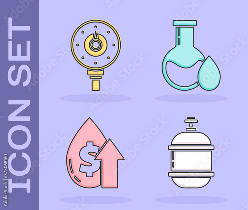 Set Propane gas tank, Motor gas gauge, Oil price increase and Oil petrol test tube icon. Vector.