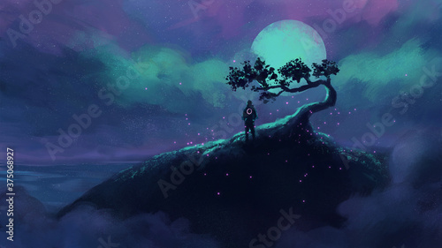 Fototapeta Naklejka Na Ścianę i Meble -  night scene of astronaut looking blue moonlight, on the top of the hill under the tree  ,digital art, Illustration painting