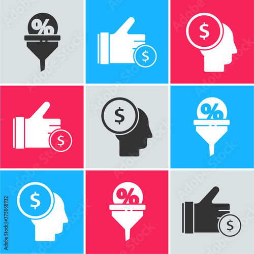 Set Lead management, Hand holding coin and Business man planning mind icon. Vector.