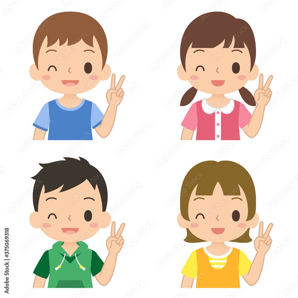 笑顔でピースサインをする女の子と男の子 セット 子ども イラスト 笑顔でピースサインをする女の子と男の子 セット 子ども イラスト