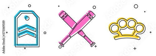 Set Chevron, Crossed baseball bat and Brass knuckles icon. Vector.