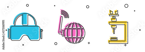 Set Virtual reality glasses, Social network and Microscope icon. Vector.