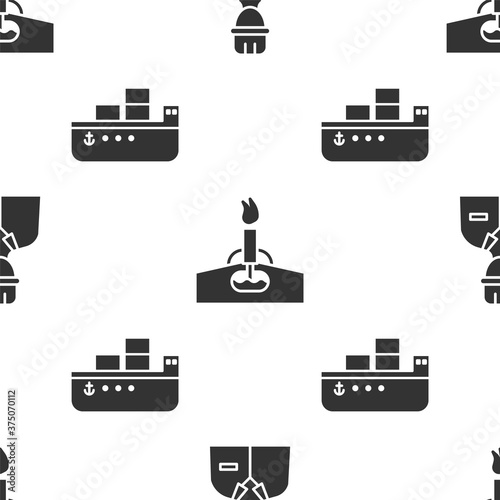 Set Oilman, Oil rig with fire and Oil tanker ship on seamless pattern. Vector.