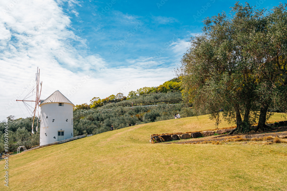 Fototapeta premium Greek windmill at Shodoshima island Olive park in Kagawa, Japan