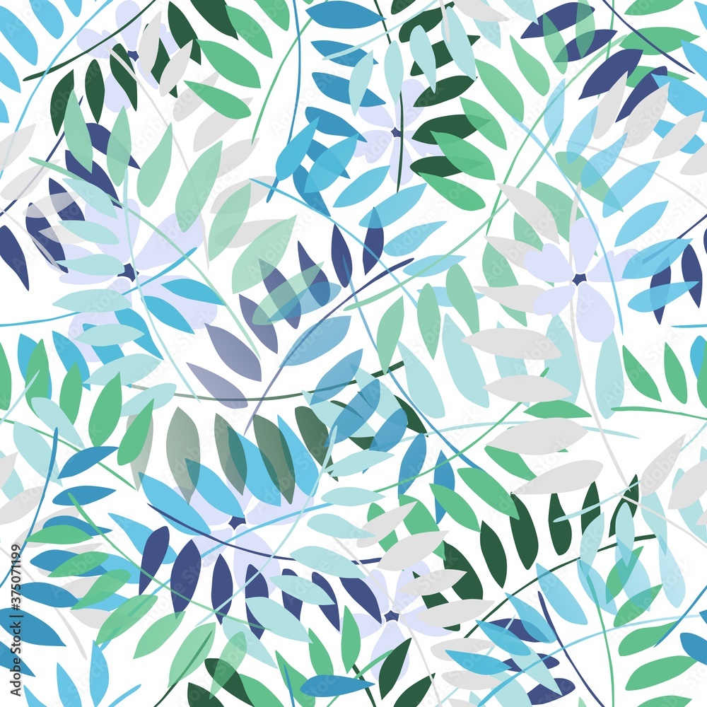 Seamless pattern with small leaves and flowers. Blue-green colors. Seamless pattern with small leaves and flowers. Blue-green colors.