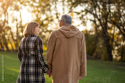 Romantic senior couple is walking in park in autumn.