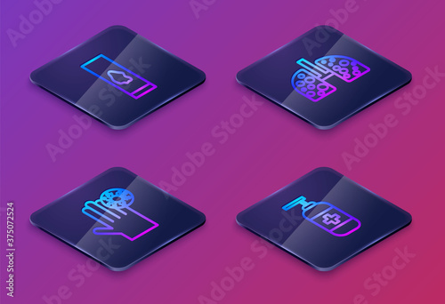 Set Isometric line Blood test and virus, Hand with, Virus cells in lung and Bottle of liquid antibacterial soap. Blue square button. Vector.