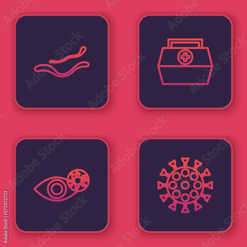 Set line Ebola virus disease, Reddish eye due to, First aid kit and Virus. Blue square button. Vector.