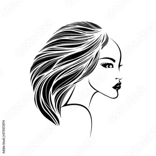 Woman with elegant hairstyle and makeup.Hair salon and beauty studio logo.Hairdresser, cosmetics and spa icon.Young lady portrait.Beautiful face isolated on white background.Profile view.