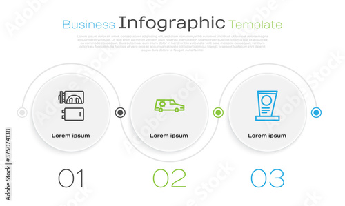 Set line Crematorium, Hearse car and Grave with tombstone. Business infographic template. Vector.