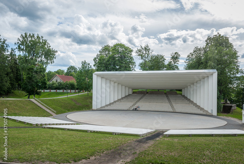 Song festival ground amphitheater in Viljandi. View of outdoor stage with cloudy sky. Estonia, Baltics.