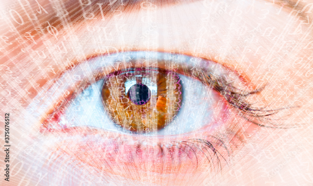 Obraz premium Close up of woman eye with binary code