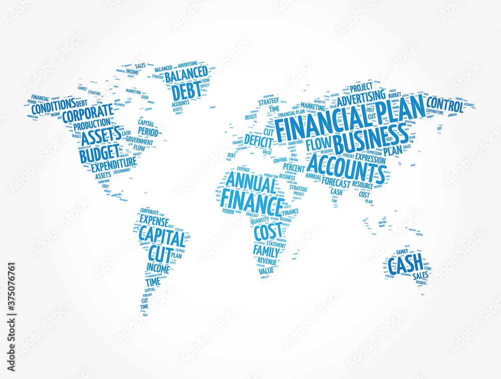 Financial plan word cloud in shape of world map, business concept background