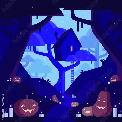 Halloween holiday. Small house on the tree in the forest landscape vector illustration