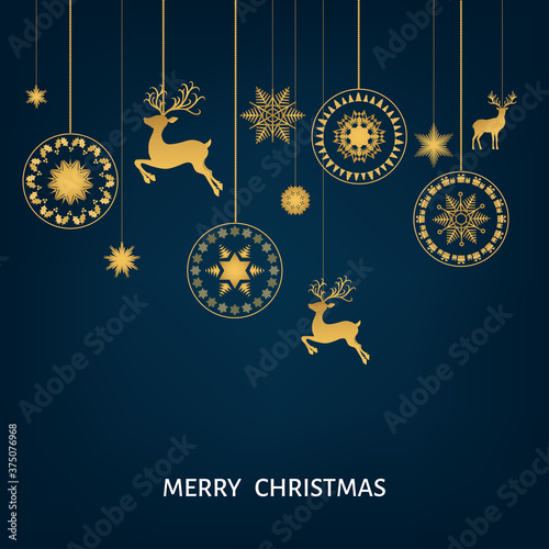 Christmas  golden  decoration  with  Xmas  reindeer,  snowflakes.