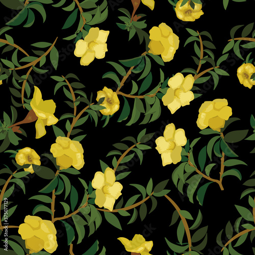 Vector seamless pattern with hibiscus in a black background.