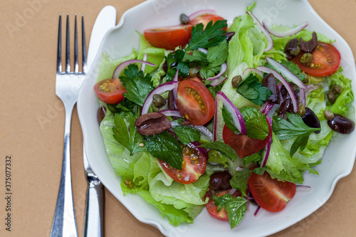 Close up view of fresh garden salad, served at restaurant