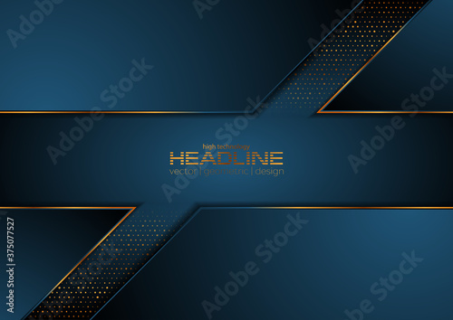 Dark blue and golden abstract tech geometric background. Luxury glitter dots concept vector design