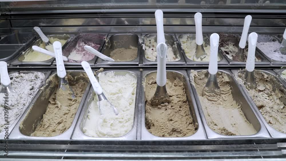 Menton, France July 2, 2020 Ice cream bowls of different flavors at