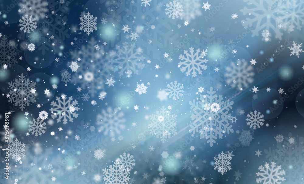 Blue abstract christmas background with snowflakes white bokeh stars blurred beautiful shiny light, use for card new year wallpaper backdrop