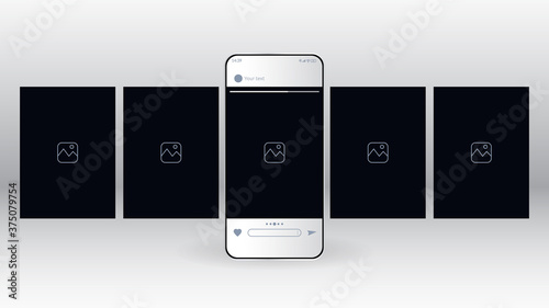 Black color ui template, for social networks, mobile applications. Smartphone with carousel interface post. Realistic smartphone. Vector