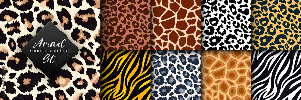 Trendy wild animal seamless pattern collection. Vector leopard, cheetah, tiger, giraffe, zebra skin texture set for fashion print design, fabric, textile, wrapping paper, background, wallpaper - obrazy, fototapety, plakaty 