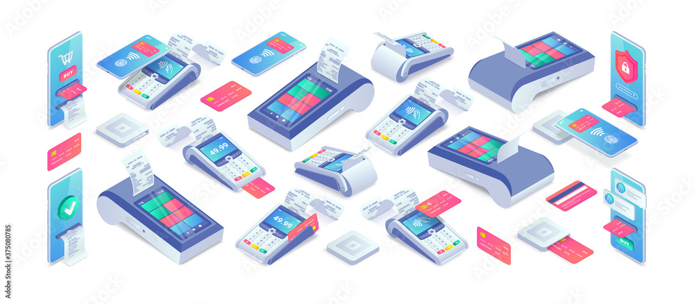 Electronic payments isometric set. 3d Cashless payment machine, smartphone, credit card, smart terminal with online cash desk, EMV chip card square reader. Vector Mobile NFC contactless payments Electronic payments isometric set. 3d Cashless payment machine, smartphone, credit card, smart terminal with online cash desk, EMV chip card square reader. Vector Mobile NFC contactless payments